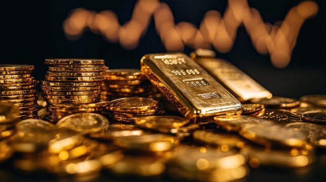 A collection of gold bars and coins with a financial graph in the background.