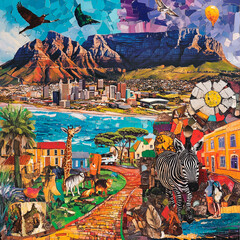 
collage of South Africa’s diversity, Table Mountain, Nelson Mandela, safari wildlife, Zulu beadwork, and colorful Cape Town architecture