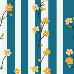 Obraz premium Tiny autumn flowers over a blue striped background - seamless pattern