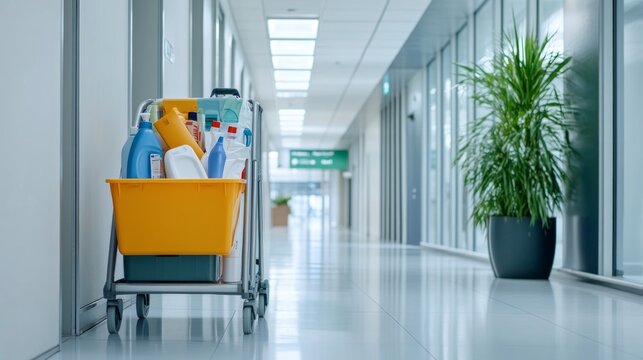 A cleaning cart filled with various supplies sits in a bright office hallway