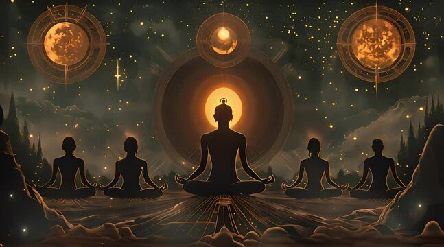 The Seven Chakras, meditating people in the universe, with golden lines on a dark brown background