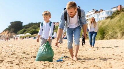 A boy wearing a green jacket diligently picks up litter from the beach, surrounded by others participating in a community cleanup to enhance environmental efforts and protect marine life