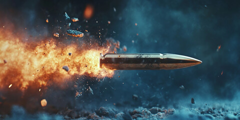 Close-up of a bullet in motion with fiery explosion and debris in the air. Dynamic action scene with cinematic lighting and smoke. 