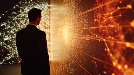 A person in a suit observes a vibrant digital display of interconnected data points.
