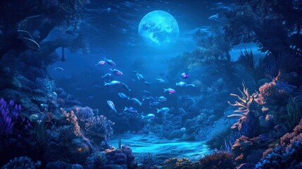 A Nighttime Underwater Scene with Bioluminescent Fish and a Full Moon