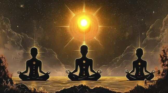 The Seven Chakras, meditating people in the universe, with golden lines on a dark brown background