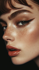Naklejka premium Editorial Beauty Portrait of a Woman with Bold Makeup and Glossy Lipstick