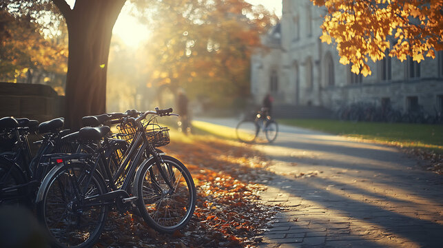 A quiet college campus with students' bikes parked by the stone university building