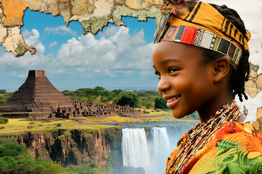
collage of Zimbabwe&rsquo;s history and nature" &ndash; Victoria Falls, the ruins of Great Zimbabwe, traditional Shona stone sculptures, views of the Eastern Highlands, and Zimbabwean cultural dress