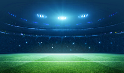 Football stadium at night. The imaginary stadium is modelled and rendered.	