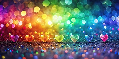 Minimalist background with glittering bokeh and rainbow hearts shapes