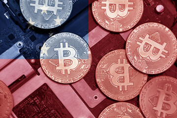 flag of Samoa on the bitcoins with computer electronic circuit board background. bitcoin concept.