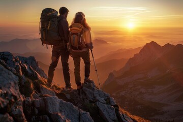 Fototapeta premium A couple embraces the breathtaking sunset from a mountain summit after a rewarding hike.