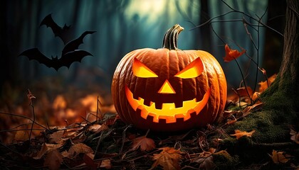 Halloween pumpkin, jack o lantern in the dark forest. 