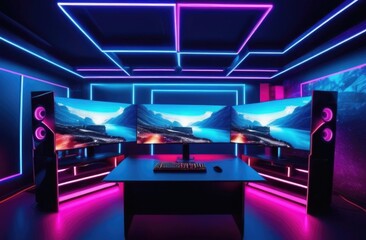 Obraz premium General plan. Modern game room with several computers, an armchair and colored lighting. Computer games concept.