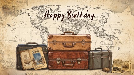 Vintage Travel-Themed Happy Birthday Card Design with Retro Suitcases and World Map Background