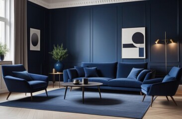 Fototapeta premium Dark blue sofa and recliner in a Scandinavian style living room.
