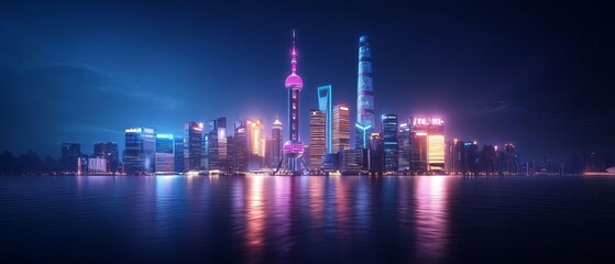 Futuristic 3D Skyline at Night with Tall Skyscrapers and Glowing Neon Signs