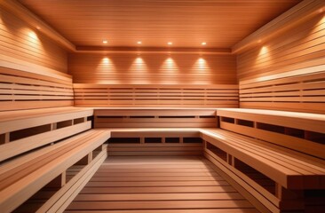 Obraz premium Empty sauna with wooden trim and warm lighting. Relaxation and spa concept.