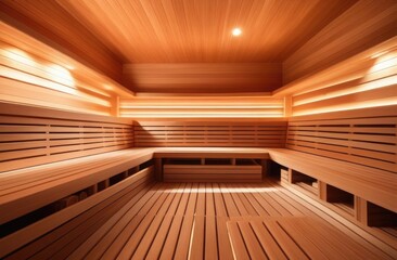 Obraz premium General plan. Empty sauna with wooden trim and warm lighting. Relaxation and spa concept.