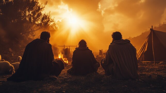 Shepherds surprised in their campsite by an extraordinary light from the sky, performing dramatic gestures, The Angelic Announcement to the Shepherds, The Annunciation to the Shepherds, Christmas