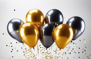 Decorative balloons in gray and gold with gold ribbons on a white background. Holidays and sales concept.