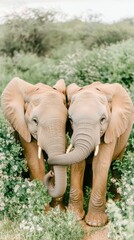 Two elephants touching trunks in a lush jungle, symbolizing connection and affection.