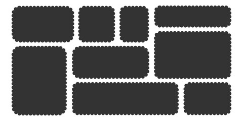 Black silhouette Scalloped Rectangles set. Blank Rectangular Shapes Stickers. Empty Geometric Frame. Price Tag Text Box, Stamp Label Badge For Design. Vector illustration
