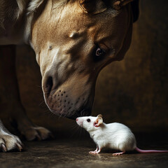 Curious dog interacting with white mouse