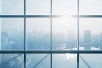 Fototapeta premium A stunning modern cityscape seen through a large glass window, illuminated by gentle sunlight. Generative AI