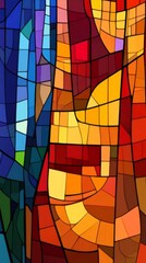 Fototapeta premium A colorful stained glass window with a tree in the center. The tree is surrounded by a blue background and a red background. The window is made up of many small pieces of glass