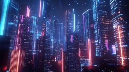 Futuristic cityscape with neon lights and stars