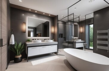 General plan. Modern bathroom interior design with wood and marble elements.