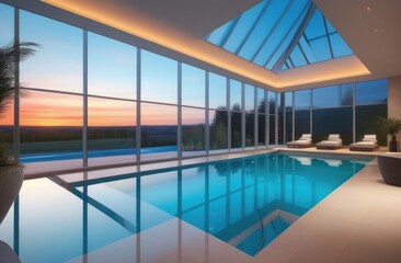 Indoor empty pool with panoramic windows and beautiful views.