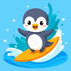 A cute baby penguin riding a surfboard in the ocean, with splashing water and fish, bubbles around it on white background 