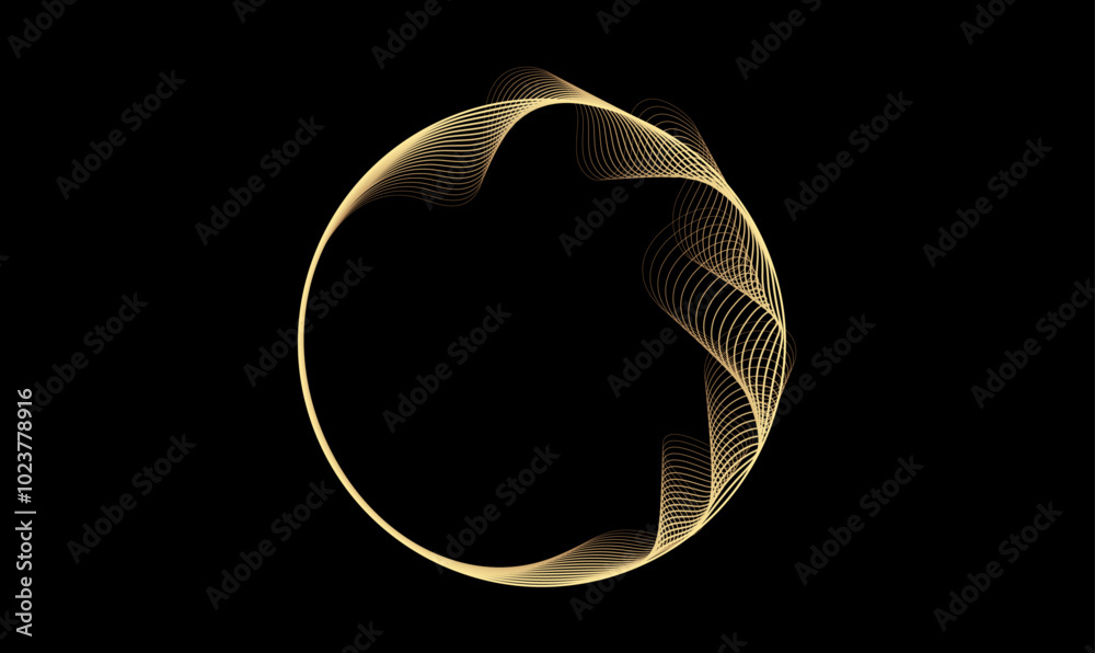 Aufkleber Abstract circle wave lines, gradient light equalizer gold wavy curve. Round frame in luxury golden color isolated on black background. Editable stroke. Vector illustration with copy space