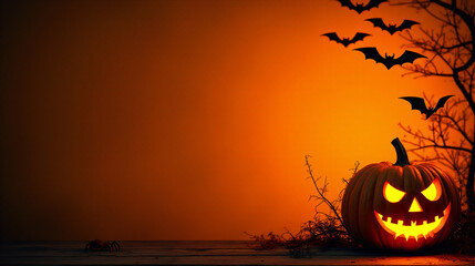 A vibrant orange Halloween banner features a spooky pumpkin, creepy spider, and flying bats against a dark background._00002_
