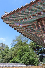 Colorful and ornate eaves of a buddhist temple in korea reaching towards a bright blue sky