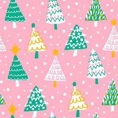 Cute green and white Christmas trees seamless pattern on pink background. Holiday season winter forest fun repeat pattern. Hand drawn illustration.