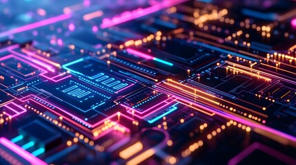 Fototapeta premium A background of a digital circuit board with glowing lines and neon lights, representing the high-tech nature of AI technology