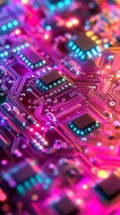 Obraz premium A background of a digital circuit board with glowing lines and neon lights, representing the high-tech nature of AI technology