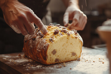 Golden panettone with raisins and candied fruits on a wooden table cozy kitchen background 