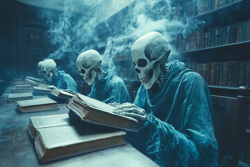 Skeleton with book. A group of skeletons reading ancient, dusty books in a dimly lit, haunted library, with ghostly spirits hovering above and cobwebs hanging from the shelves.