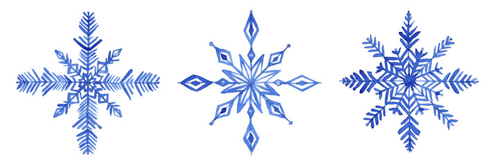 A set of snowflakes. Blue watercolor illustration of snowflakes. Winter. Selection