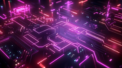 A background of a digital circuit board with glowing lines and neon lights, representing the high-tech nature of AI technology