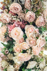 Minimalist Decor: Bunch of Handcrafted colorful fabric flowers. Artificial Flowers Bokeh. Copy Space