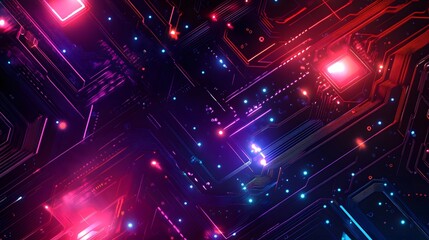Obraz premium A background of a digital circuit board with glowing lines and neon lights, representing the high-tech nature of AI technology
