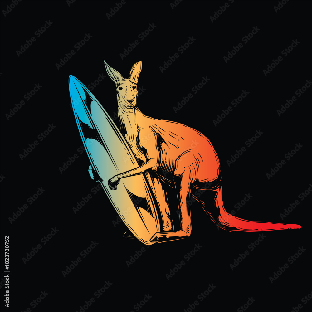 Wall mural Kangaroo with a surfboard. Original vector illustration in vintage style. T-shirt design.