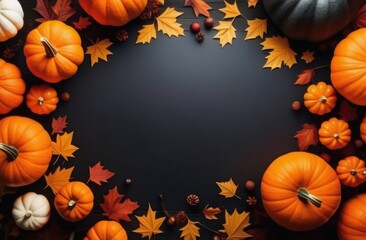 Autumn maple leaves and pumpkins of different sizes on a black wooden background. Halloween concept.