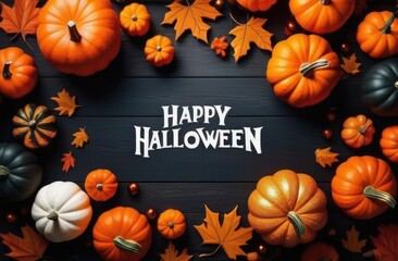 Autumn maple leaves and pumpkins of different sizes on a black wooden background with the inscription "Happy Halloween"